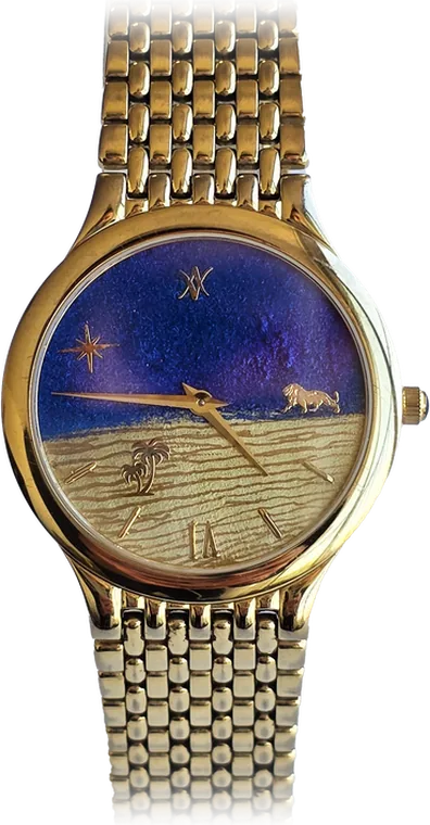 130. The Lion King Royal — hand-painted dial, textured gold-plated brass case, gold-plated brass bracelet