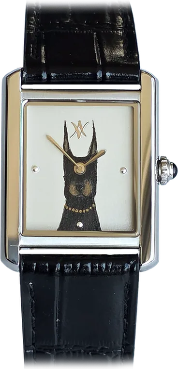221. THE DOBERMAN IVORY — hand-painted dial, stainless steel case, leather black strap