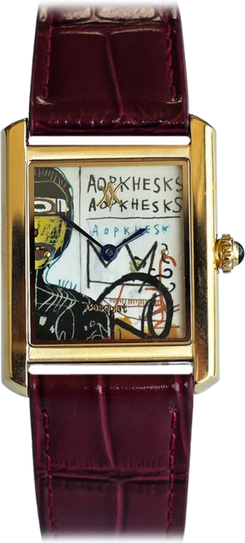 228. Basquiat Legacy - Versus Medici — hand-painted dial, golden stainless steel case, leather wine red strap