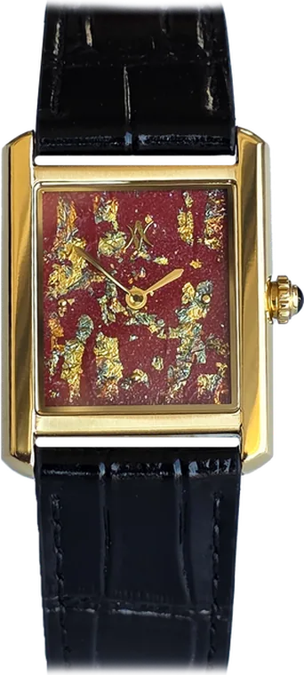 231. Crimson Gold (34mm) — hand-painted dial, golden stainless steel case, black leather strap (as photographed)