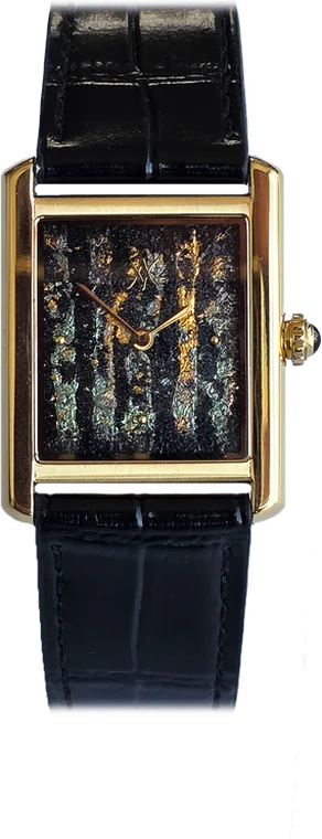 232. NYX (34mm) — hand-painted dial, golden stainless steel case, black leather strap (as photographed)
