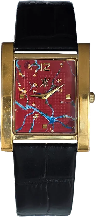 94. Cherry Blossom watch — hand-painted dial, leather black strap